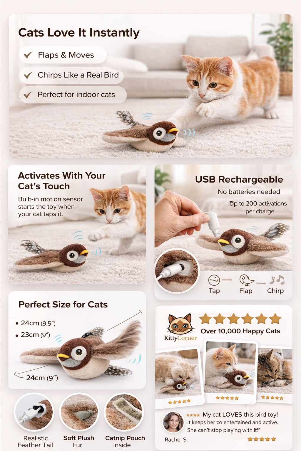 Hot Cat Interactive Toys Catnip Electric Pat Bird (With Catnip) Dog Cats Touch-Activated Squeaky Plush Toy Pet USB Rechargeable