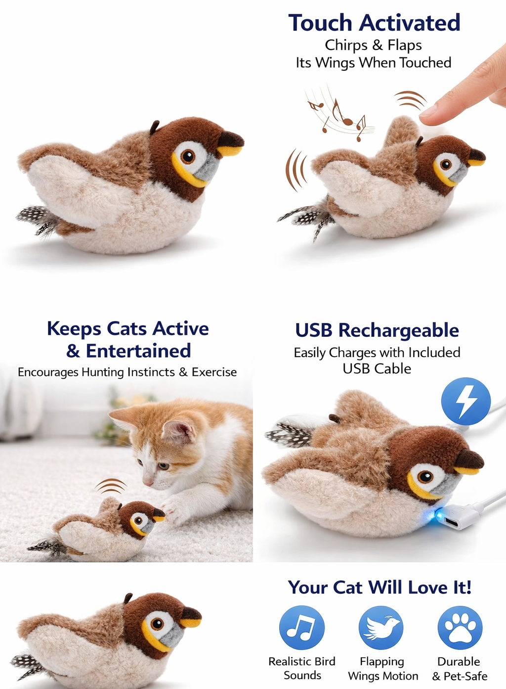 Hot Cat Interactive Toys Catnip Electric Pat Bird (With Catnip) Dog Cats Touch-Activated Squeaky Plush Toy Pet USB Rechargeable
