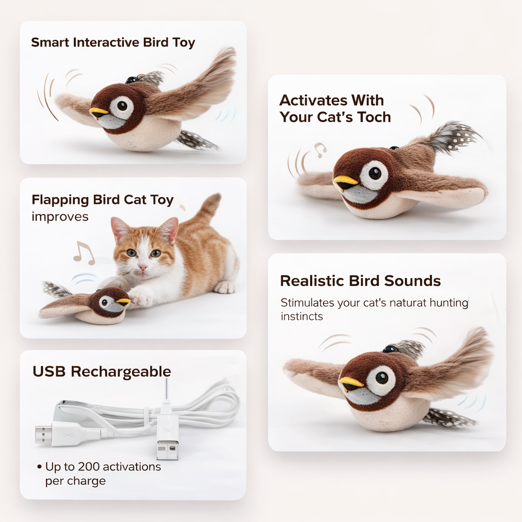Hot Cat Interactive Toys Catnip Electric Pat Bird (With Catnip) Dog Cats Touch-Activated Squeaky Plush Toy Pet USB Rechargeable